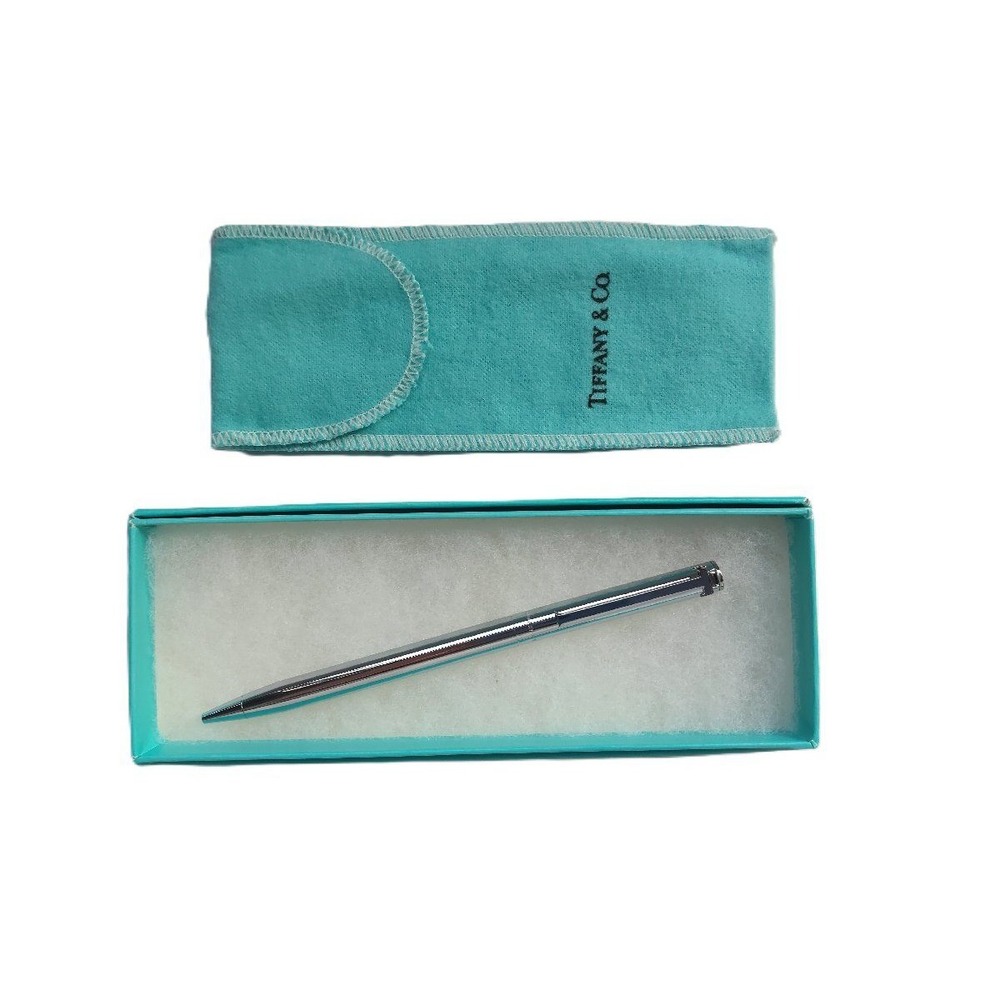 Tiffany & Co Silver Retractable Ballpoint Pen Ribbed T-Clip with Pouch and Box - Picture 3 of 6